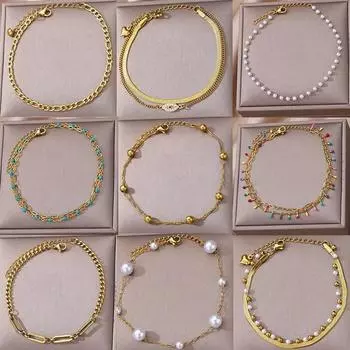 Ножные браслеты из нержавеющей стали с бусинами и цепочкой для женщин, аксессуары, браслет на щиколотке золотого цвета, водостойкий ножной браслет, летние пляжные украшения в стиле бохо CHINA