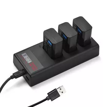 NP-FW50 Зарядное устройство Зарядное устройство на 3 гнезда со светодиодными индикаторами Micro USB и порт Type C + 3 шт. NP-FW50 чёрный