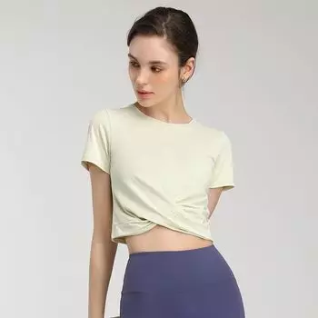 Nude Feel Quick-Drying Sports Running Short Sleeve Cross Waist T-shirt Breathable Yoga Clothes Sexy Crop Top Fashion Exercise Clothes Women Essence Green L