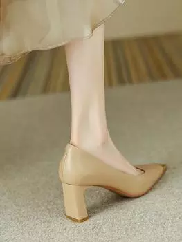 Nude high heels niche design temperament celebrity with skirt metal head square heel niche design single shoes women 34