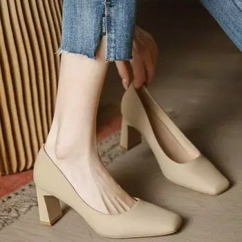 Nude high heels women s thick heel simple professional commuter style versatile design sense soft leather square head work shoes single shoes women 34