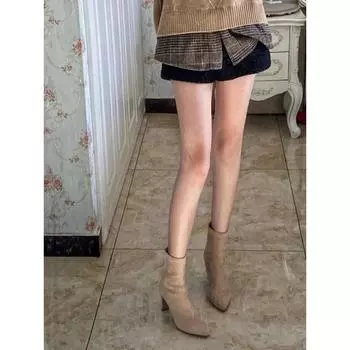 Nude socks boots women s new elastic boots in autumn and winter 2024 leather suede high-heeled short boots pointed thick heel thin boots 00 heel height 6.5 cm