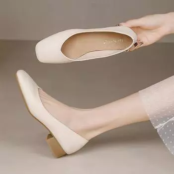 Nude soft leather grandma shoes women s thick heel new medium heel women s shoes summer soft leather not tired feet single shoes 35