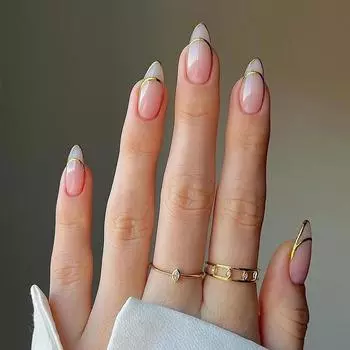 Нюдовые кошачий глаз французские с золотым краем носибельные типсы - 24 средние длинные накладные ногти Glue Version