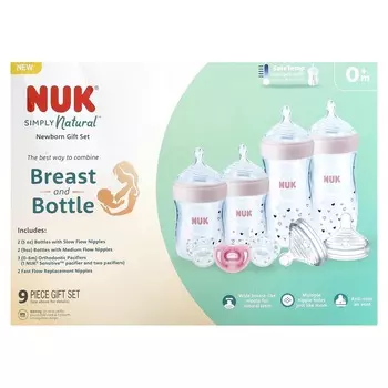 NUK, бутылочка Simply Natural Baby Bottle с SafeTemp, подарочный набор для новорожденных, возраст 0+, 9 предметов