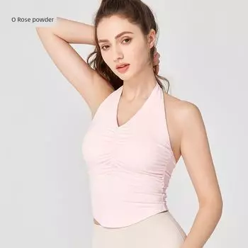 Nuls Gyaru Western Style Hanging Neck Backless Yoga Clothes Fixed Cup Beauty Back Nude Feel Tight Sports Vest Women Outer Wear rose pink color M