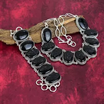 Ювелирные изделия из драгоценных камней Nummite, ожерелье и браслет из стерлингового серебра 925 пробы, дизайнерский комплект ювелирных изделий, браслет ручной работы для подарка Adjustable With 8 -18 чёрный