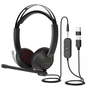 Nuroum PC USB наушники с шумоподавлением бинауральные бесшумные ручные пульты дистанционного управления Web Advanced Home подходят для видео гарнитура прозрачная черная, проводная, микрофон, отключение, чёрный