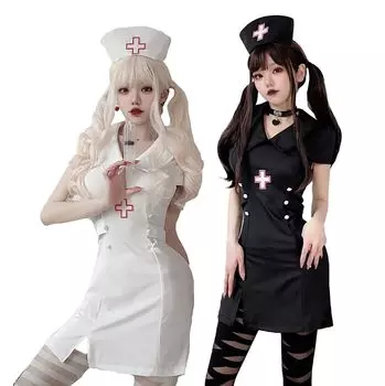 Nurse Cosplay Halloween Nurse Uniform Nurse Uniform Cap Socks 3 Piece Set [Cedar Eight] Women s (Black, L)