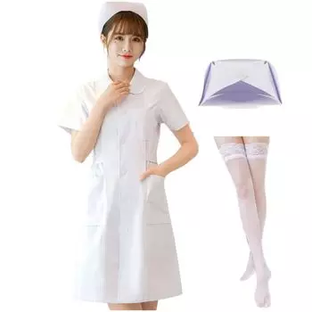 Nurse Cosplay Hat with Stockings Halloween Costume Nurse Uniform Knee Length [OJUMAH] (White, S) [Product]