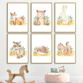 Nursery Bear Fox Rabbit Raccoon Girl Boy Wall Art Canvas Painting Nordic Posters And Prints Wall Pictures Baby Kids Room Decor 21x30cm No Framed