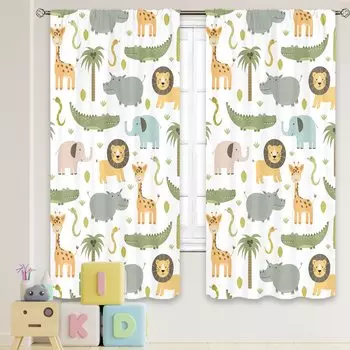 Nursery Safari Animals Curtains Baby Boy Kids Woodland Jungle Forest Lion Printed Curtains for Living Room Bedroom Window Drapes W60H60(CM)x2PCS&HOOK