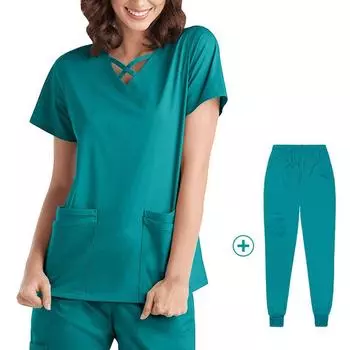 Nurses Uniform Elastic Suit Plastic Surgeon Dental Oral Surgery Operating Room Overalls Hospital Hand Washing Suit Short Sleeve 42026 Lake Blue-Thread S