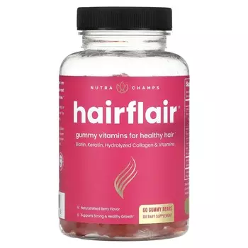 NutraChamps, Hairflair, натуральный ягодный микс, 60 жевательных мишек