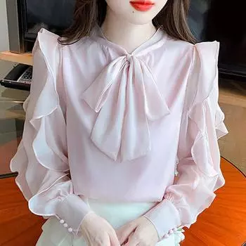 Nwe 2024 модная осенняя блузка с длинным рукавом и бантом на шнуровке и оборками из розового шифона для женщин, топы, блузки, рубашки J497 S розовый