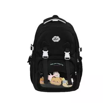 Nylon Backpack Lightweight With Dual Compartments And Color Block Accents Black with Doll