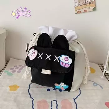 Nylon messenger bag women s 2024 autumn new, trendy bucket bag lightweight shoulder small satchel drawstring canvas bag чёрный