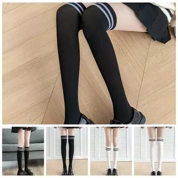 Nylon Striped Splicing Pantyhose Thin Tights Fashion Women Stockings Daily white-A