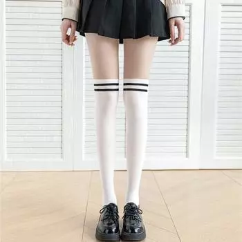 Nylon Women Stockings Seamless Tights Fashion Striped Splicing Pantyhose Girl white-A