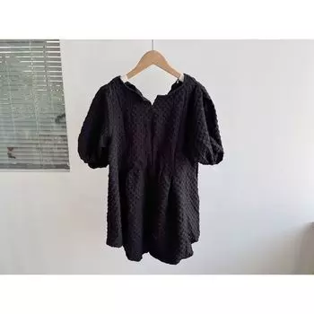 O3-44 Sweet Summer Doll Shirt High Waist Slim Looking A- line Bubble Tops Loose Short Sleeve Pullover T-shirt H2 Black (without buckle) S