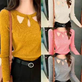 О-образный вырез эластичный сексуальный пуловер женский полый шерстяной свитер женский облегающий свитер дамские свитера осень-зима OneSize белый