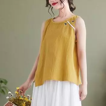 О-образный вырез без рукавов с боковым разрезом подол Свободный крой Ретро жилет Женский узор с вышивкой M синий