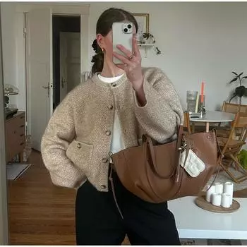 О-образный вырез с длинным рукавом Повседневный вязаный женский кардиган Осень-зима Однобортный свободный модный свитер S