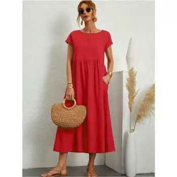 O-образный вырез, свободное хлопковое льняное длинное платье с карманами, однотонные женские платья с коротким рукавом EU S вино красного