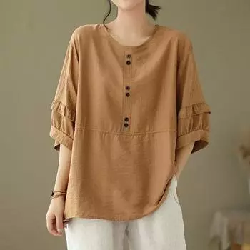 О-образный вырез три четверти хлопок лен удобный тонкий топ большой размер женская одежда летние свободные элегантные однотонные модные футболки M