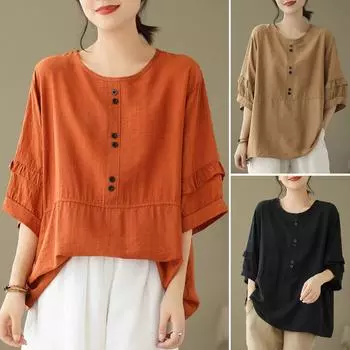 О-образный вырез три четверти хлопок лен удобный тонкий топ большой размер женская одежда летние свободные элегантные однотонные модные футболки M хаки