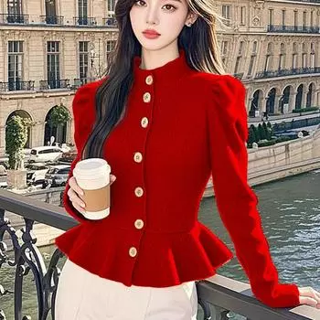 O-образный вырез Вязаный женский свитер Кардиган Осенняя мода Верхняя одежда Трикотаж Куртки Женский повседневный мягкий вязаный кардиган Топы S красный