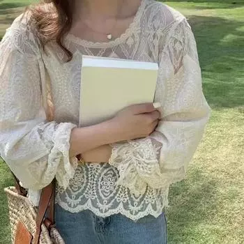 О-образным вырезом, блузка с длинными рукавами и расклешенным крючком, элегантная повседневная винтажная кружевная женская летняя свободная рубашка, белые женские топы 27340 One Size абрикосовый