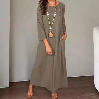О-образным вырезом с рукавами 3/4, пуговицами, декором, карманами, ретро-платье, женское сплошное цветное повседневное платье макси M хаки