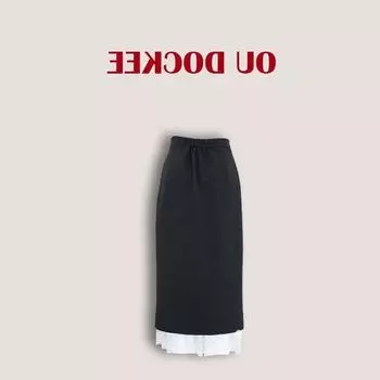 Oajer Ou Ji Er Flagship Women s Clothing Store Same Style Early Spring High Waist Asymmetrical Pleated Patchwork Retro Skirt Black M