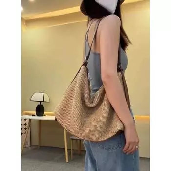 Oazao Summer Large Capacity Lazy Straw Woven Bag Women s 2025 New Arrival Seaside Vacation Style Shoulder Messenger Bag Brown
