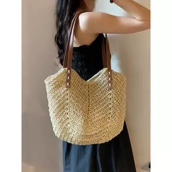 Oazao Summer Straw Woven Bag Ladies 2025 New Arrival Seaside Vacation Beach Woven Bag Large Capacity Totes Beige White