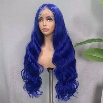 Объемная волна 6x13 Синтетический парик фронта шнурка Синий цвет Пушистый мягкий шелковистый парик для чернокожих женщин 28 дюймов Предварительно выщипанные волосы ребенка 6x13 Lace Front