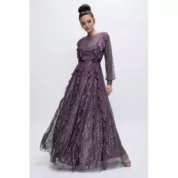 Объемное блестящее кружевное длинное вечернее платье
