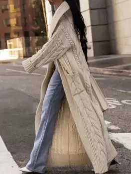 Объемный кардиган-пальто крупной вязки с большим лацканом для весны, осени, зимы L хаки