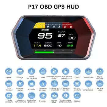 OBD GPS Head Up Display 4,3 дюйма Автомобильный HUD Многофункциональный спидометр Часы КМЧ Об/мин Счетчик пробега 12 В Автомобильный монитор Сигнализация превышения скорости Цифровой P17 чёрный