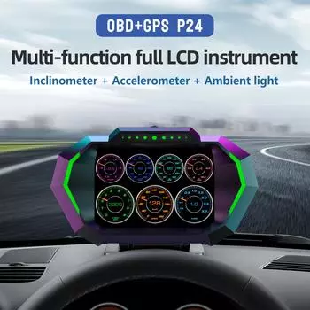 OBD Smart Digital Gauge Speedometer P24 HUD Car Head Up Display OBD+GPS System Inclinometer Fuel Consumption Overspeed Alarm