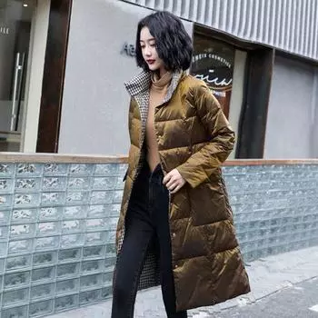 обе стороны, женская новая средняя и длинная корейская версия тонкая, и носит белую куртку на утином пуху выше колена с обеих сторон для ношения зимой. S зелёный