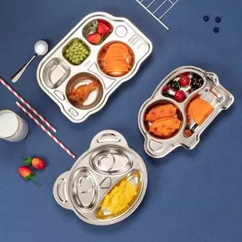 Обеденная тарелка из нержавеющей стали для детей, мультяшный дизайн, разделенный поднос, пищевой безопасный, прочный детский отсек, сервировочные блюда для закусок H