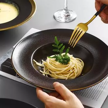 Обеденная тарелка в западном стиле, керамическая посуда с широкими краями, круглая тарелка, тарелка для пасты, тарелка для салата, тарелка с фруктами