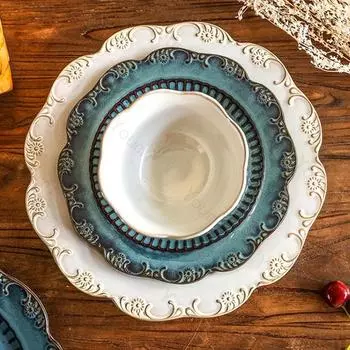 Обеденные тарелки с рельефом во французском стиле, легкие, роскошные, ретро, керамические тарелки, изысканные блюда, суповые миски, изысканная домашняя посуда