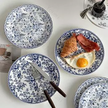 Обеденные тарелки в стиле ретро в китайском стиле, легкие, роскошные, с маленькими цветами, керамическая тарелка, послеобеденный чай, десерт, фруктовая тарелка, изысканная посуда
