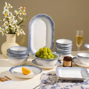 Обеденные тарелки во французском стиле, изысканные блюда, глубокая суповая тарелка, изысканный фруктовый салат, керамическая тарелка, синяя кромка, домашняя посуда