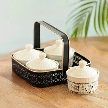 Обеденный стол керамическая емкость с железной подставкой (Не герметичный, Набор из 4 штук, 160 мл, Белый)|Банки для хранения на кухне Банка для солений для хранения