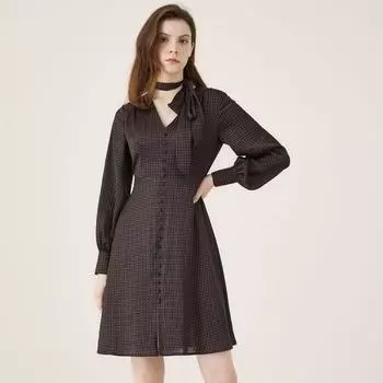 Obeg Dress Niche Style Waist-Tight V Neck Platycodon Grandiflorum Black 155/XS/34