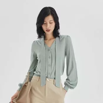 Obeg Intellectual Elegance Ribbon Mulberry Silk Knitting Cardigan Gray Green 165/M/38